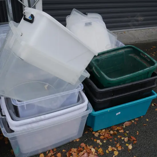Plastic storage containers and bins