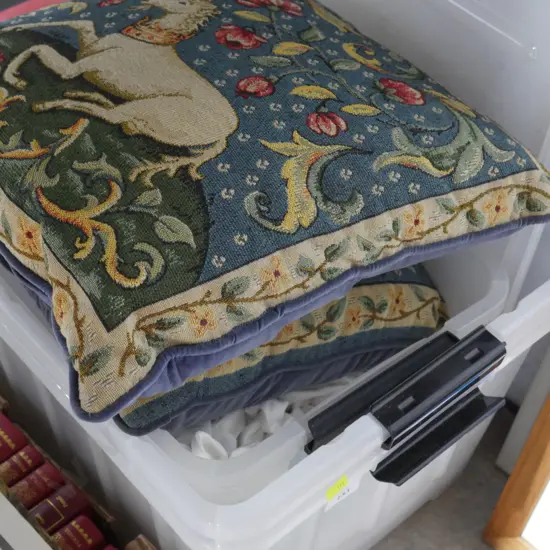 Storage containers, cushions