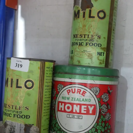 Old Milo and honey tins