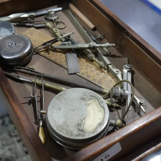 Vintage protractors, tape measure etc