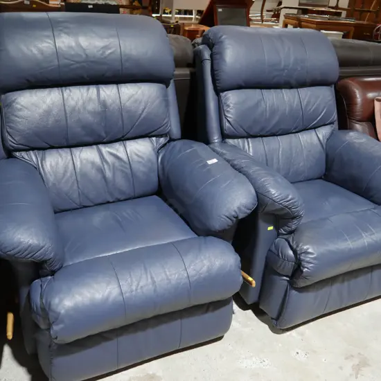 Pair blue leather lazyboy armchairs