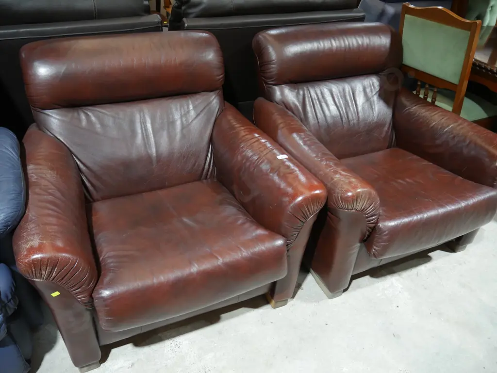 Pair of brown leather armchairs Image 1++