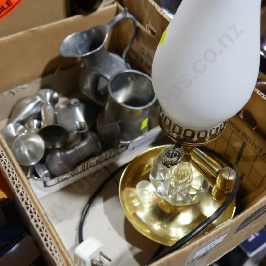 Table lamp, pewter vases etc