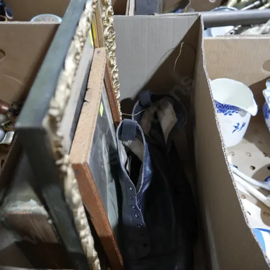 Vintage shoes, early framed pictures etc