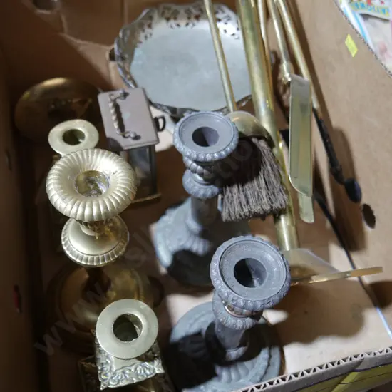 Brass fireside set, candlesticks etc