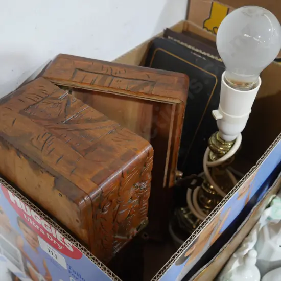 Wooden box, lamp etc