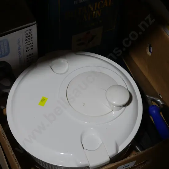 Salad spinner, books, knives etc
