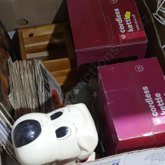 Box of records, cordless Kettle etc