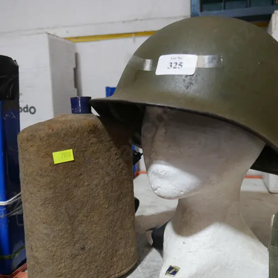 Army helmet , flask