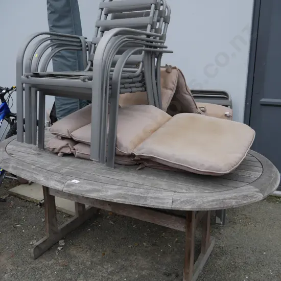 Outdoor table, chairs, umbrella