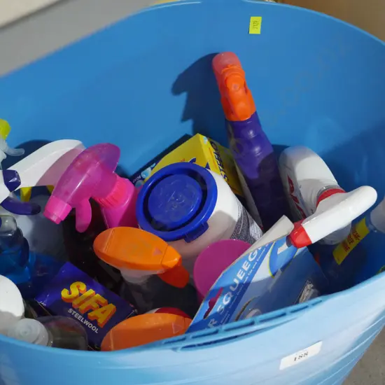 Bin of cleaning products