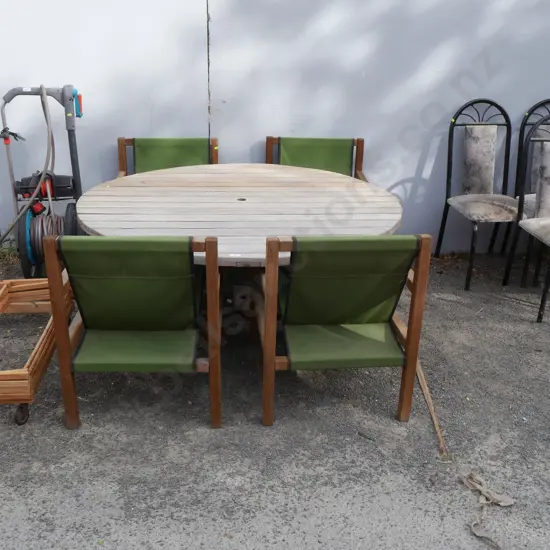 Round wooden outdoor table and 4 chairs (seat cushion at back)
