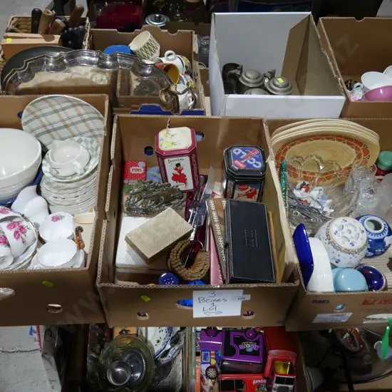 Three boxes of china, glassware etc