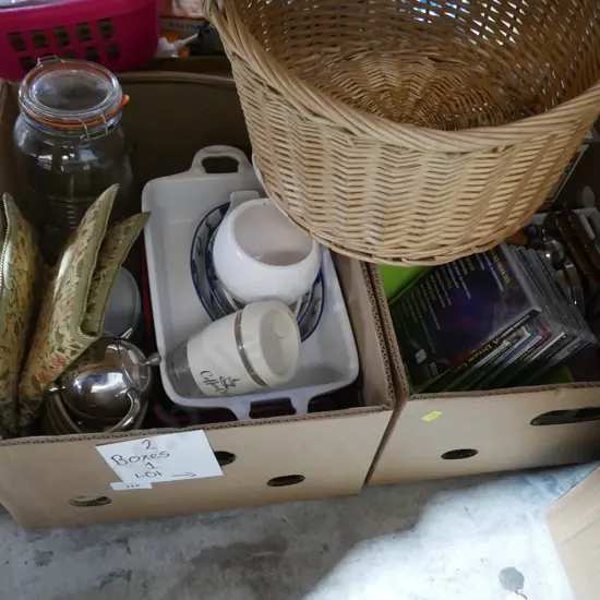 Two boxes of china, CDs etc