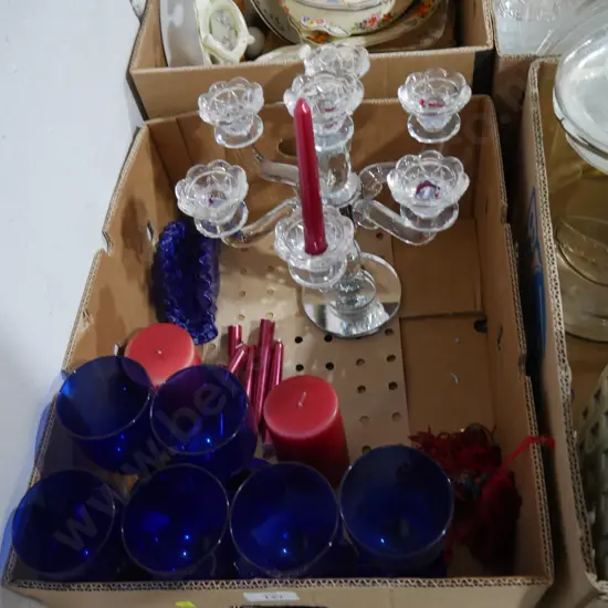 Candelabra, blue glassware