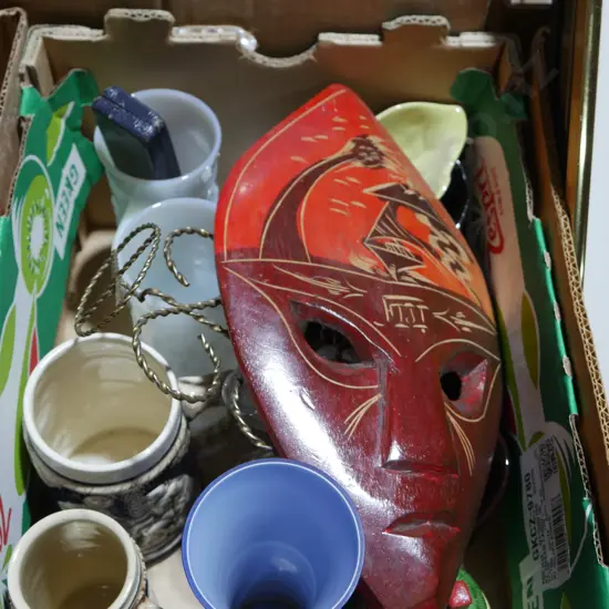 Mask wall hanging, glassware etc