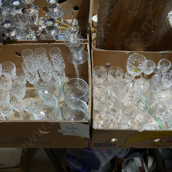 2 boxes crystal, glassware