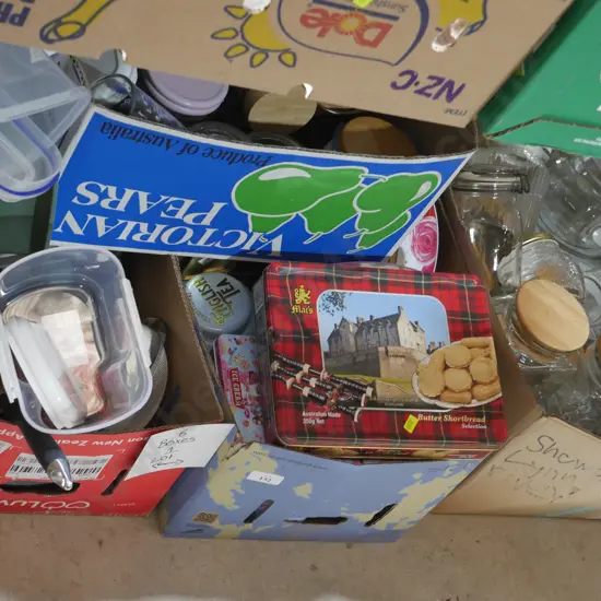 6 boxes tins, jars, plastic containers etc