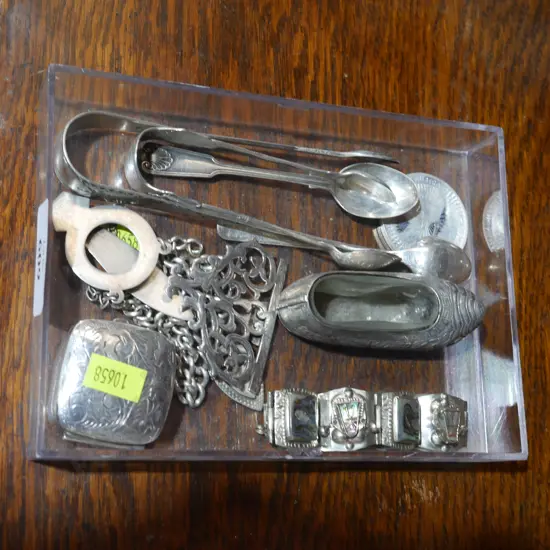 Stirling silver sugar tongs etc