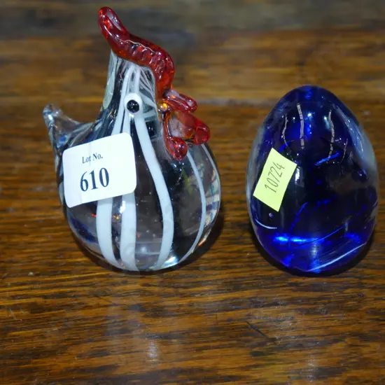 Glass rooster and glass paperweight