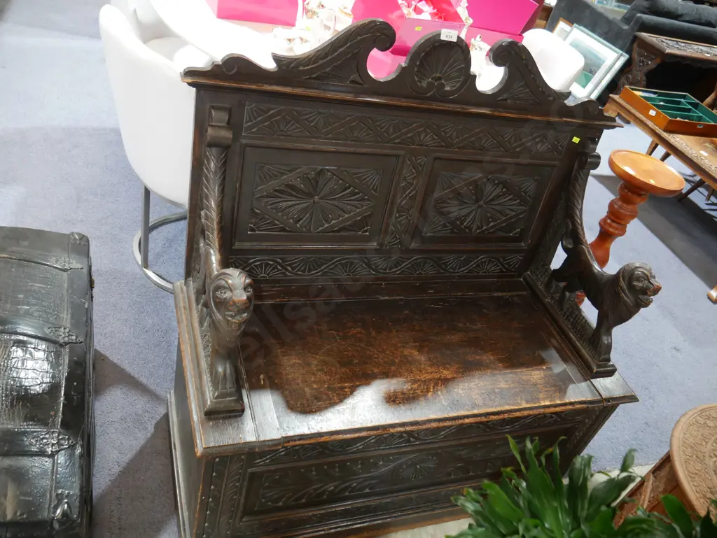 Wooden carved bench seat with storage Image 1++