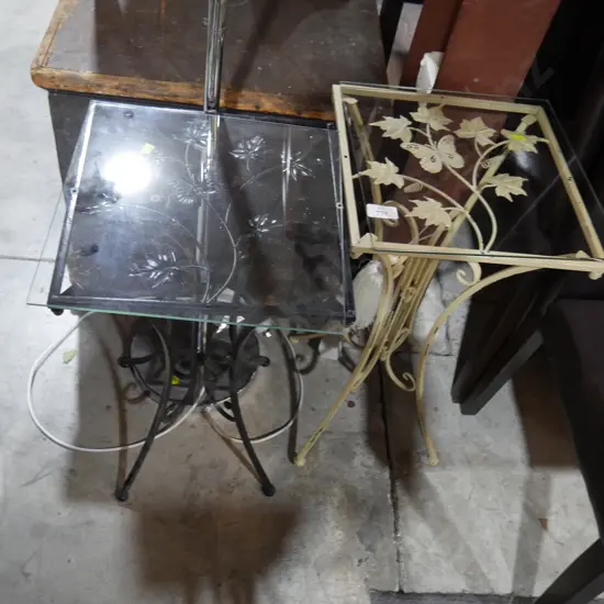 2 glass top side tables with metal base