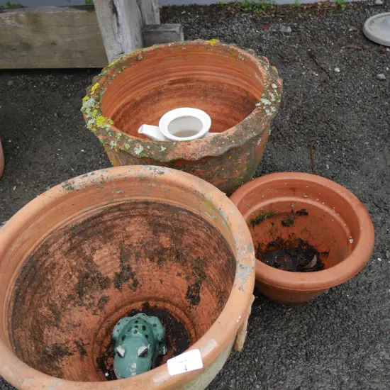 3 terracotta plant pots etc
