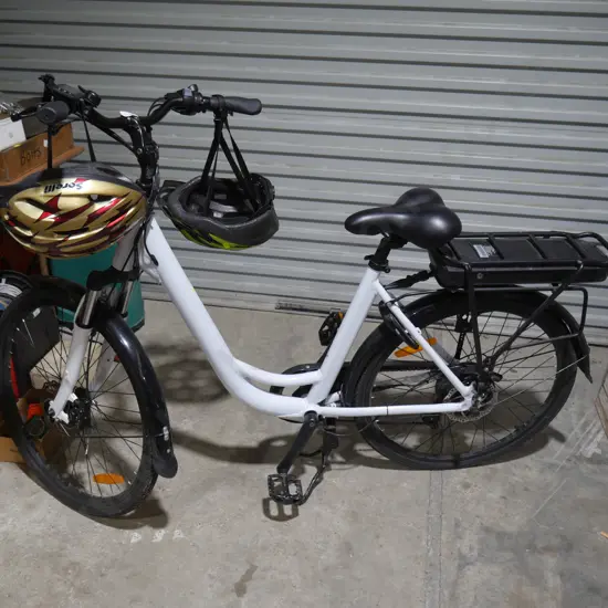 White electric bike, no charger, 2 helmets