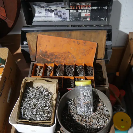 Socket set toolbox, nuts and bolts, screws, nails etc