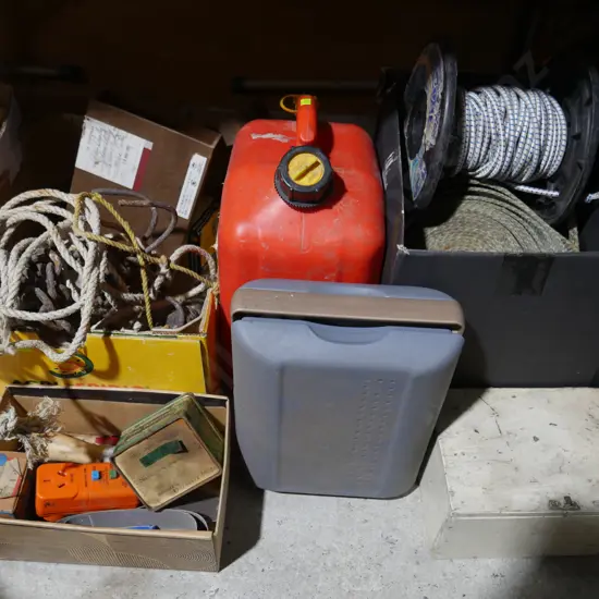 3 boxes, rope, fuel can, anchor etc