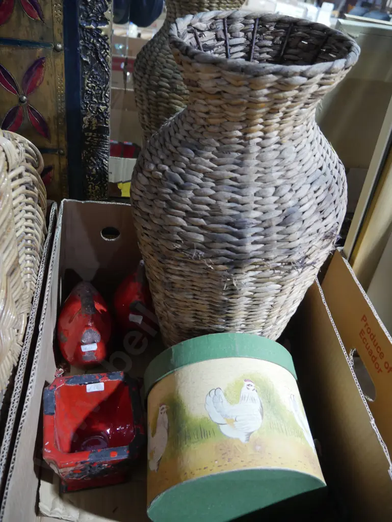 3 boxes cane baskets, plate stands etc Image 1++