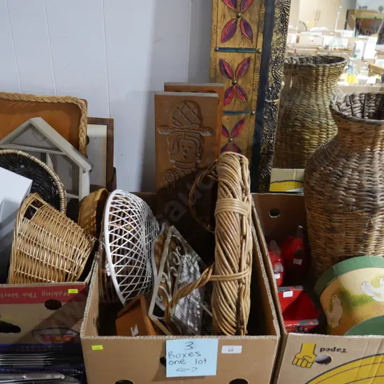 3 boxes cane baskets, plate stands etc
