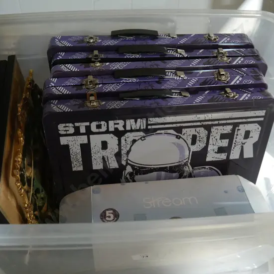 Stormtrooper tin cases, airplane pictures, shower mixer etc