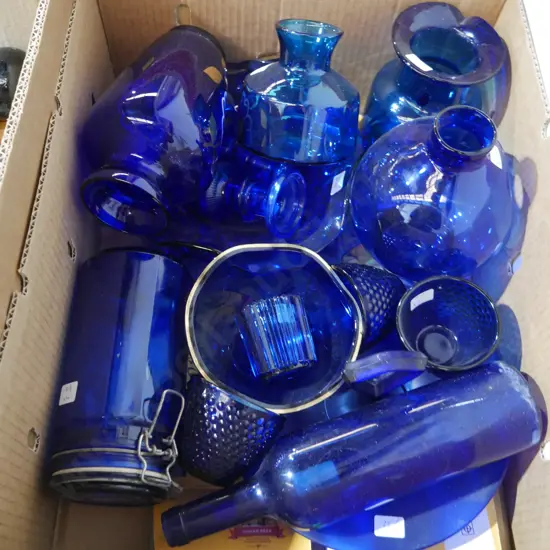Box of blue glassware
