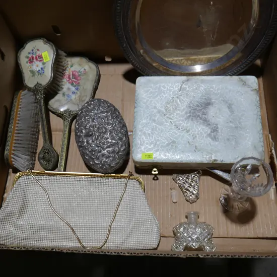 Brush and mirror, cased spoons etc