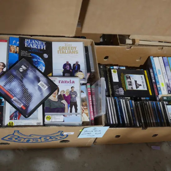 2 boxes DVDs, CDs, books