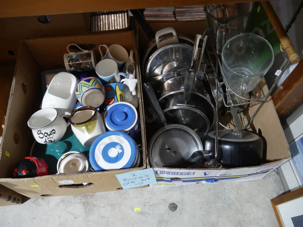 2 boxes cooking pots, coffee mugs, kitchen containers etc Image 1++