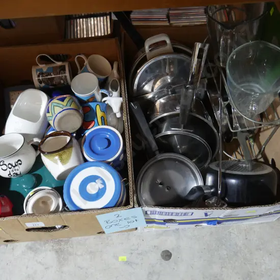 2 boxes cooking pots, coffee mugs, kitchen containers etc