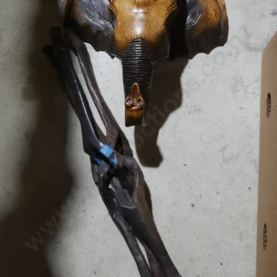 Wooden elephant head wall hanging, wooden tri stand
