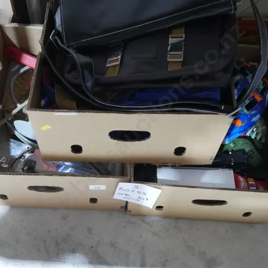 Three boxes of toys, bags etc