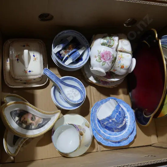 Assorted trios, Royal Doulton plates etc