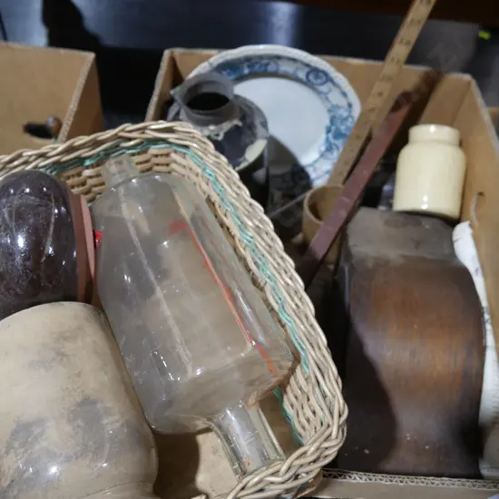 2 boxes mantle clock, barometer other sundries