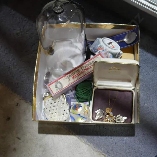 Costume jewellery, glass dome etc