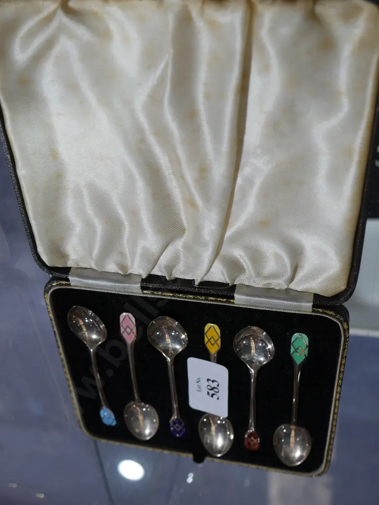 Sterling silver and enamel teaspoons in case Image 1++