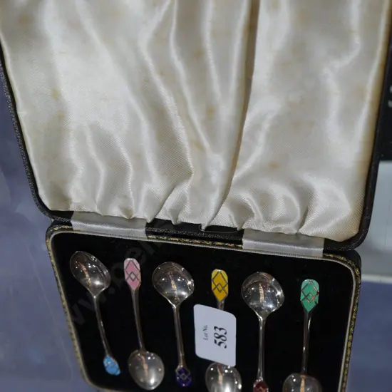 Sterling silver and enamel teaspoons in case