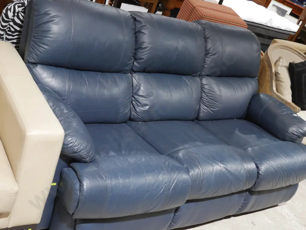 Blue leather three seater sofa Image 1++