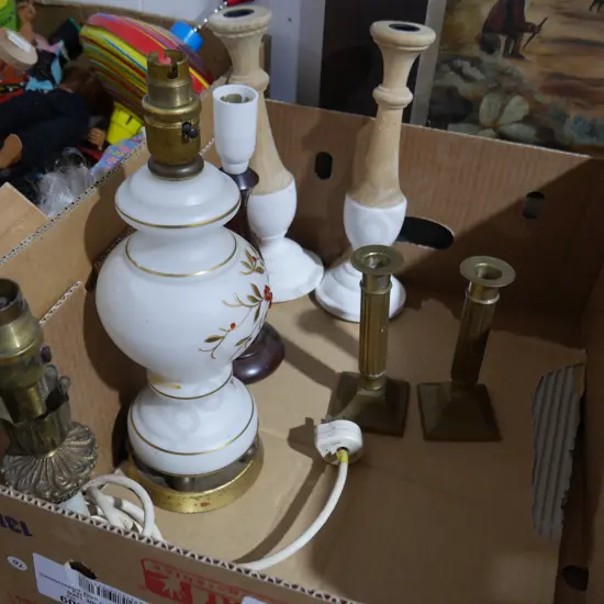 Brass candlesticks, table lamps