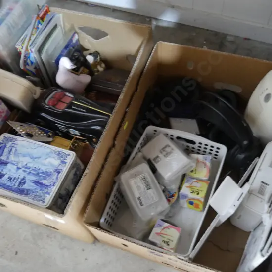 2 boxes of tins, sewing items etc