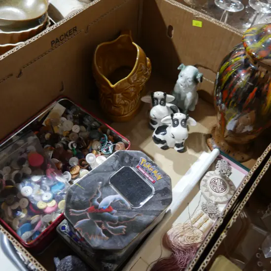 Buttons, whisky jug etc