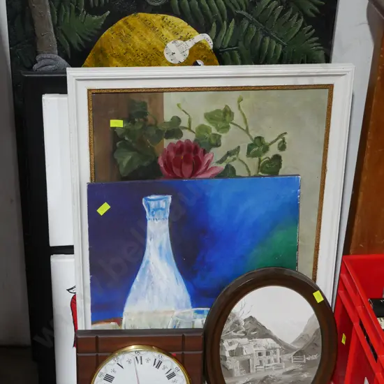 Framed artworks, clock